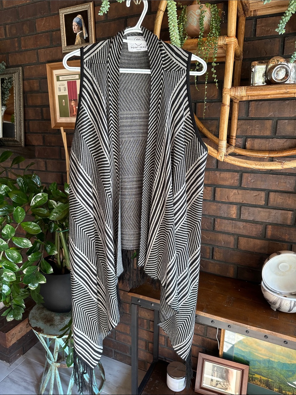 Point Zero Black & White Chevron Fringed Open Vest
